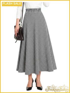 Plaid A-Line Midi Skirt Elastic Waist with Pockets